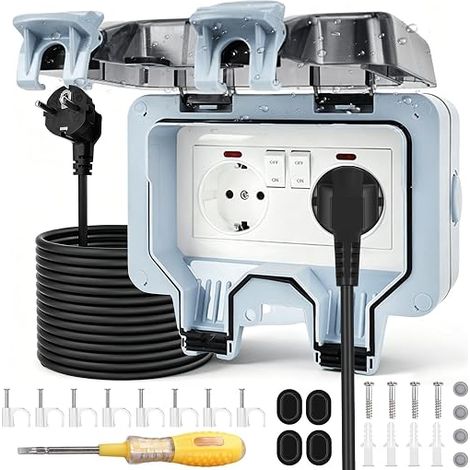 Outdoor Socket, IP66 Waterproof Double Outdoor Socket with 3M Extension Cable, Switch, Indicator Light, Screwdriver and Clam, Wall Socket - Garden Socket (1/5)