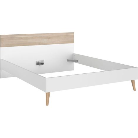 Lit 160x200 cadre blanc et tête de lit avec bandeau finition aspect bois - BORGALL (1/5)
