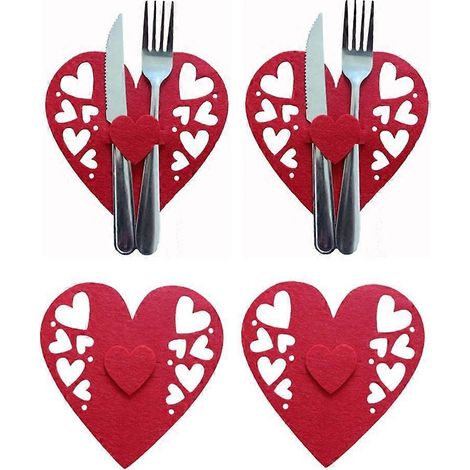 Lot de 4 porte-couverts en forme de cœur, porte-cuillère et couteau de poche pour la Saint-Valentin