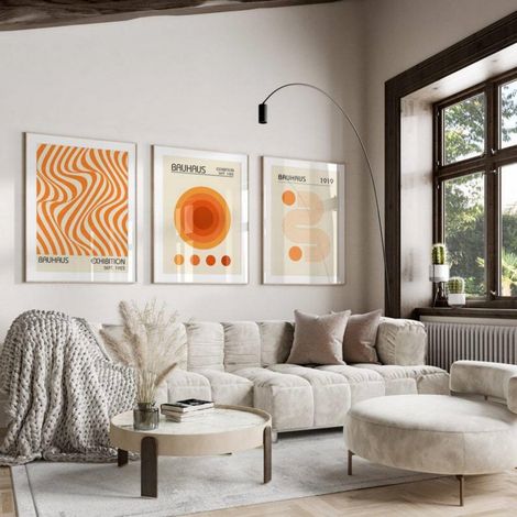 Lot de 3 posters abstraits - Lignes oranges géométriques - Images murales modernes - Pour chambre à coucher, bureau - Décoration murale - Sans cadre (50 x 70 cm, A) (1/5)