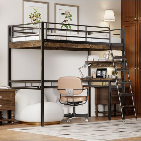 Cama alta 90x200 cm negra de metal y MDF con escritorio, estantes, escalera y barandillas (1/5)