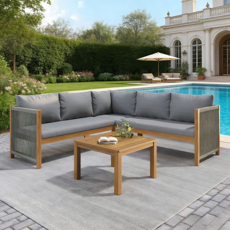 Seyakany Ensemble de salon de jardin extérieur 5 pièces,canapé d'angle+table basse,structure et plateau en acacia,tressage en corde(gris) (1/5)