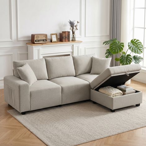 Canapé d'angle 3 places en tissu effet lin avec repose-pieds amovible et rangement, 2 coussins, beige (1/5)
