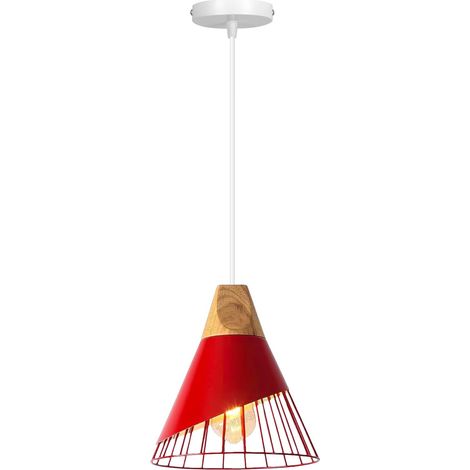 Suspension Industrielle - 1 Unité - Métal et Bois - Design Cage Vintage - Pour Cuisine et Salon - Noir ou Blanc Ø25cm (1/5)