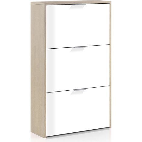 Dmora Schuhschrank Escondido, Schuhschrank mit 3 Klapptüren, Schrank mit doppelter Kapazität für bis zu 18 Paar Schuhe, cm 70x17h180, Eiche und glänzend weiß