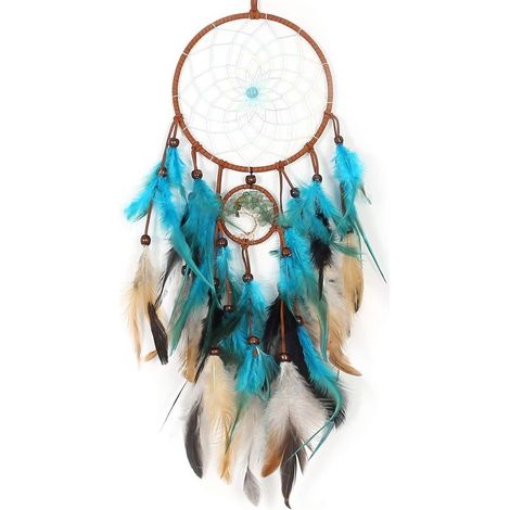 Grand attrape-rêves artisanal – Décoration murale bohème avec plumes et perles en pierre – Style indien – Marron et Bleu (1/5)