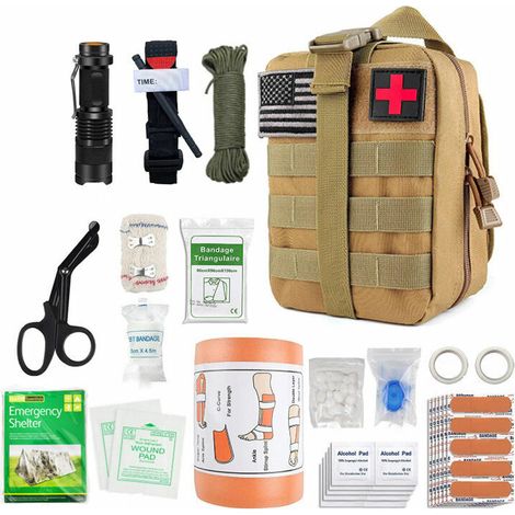 Promotion Trousse de secours complète militaire tactique Assemblée En FRANCE normes CE+petite trousse+bandoulière+tire tique+bracelet survie-Conçue pour la randonnée,voyage,airsoft (1/2)