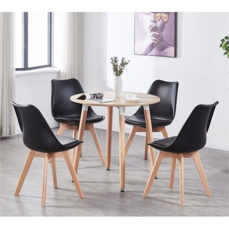 Ensemble de salle à manger rond Halo Lorenzo - une table à manger en bois de chêne et un ensemble de 4 chaises de salle à manger en polypropylène noir - Salle à manger et cuisine