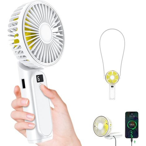 Ventilateur portable avec batterie externe 4000 mAh rechargeable par USB, mini ventilateur pliable, 6 vitesses, indicateur de batterie, blanc-AquaForge (1/5)