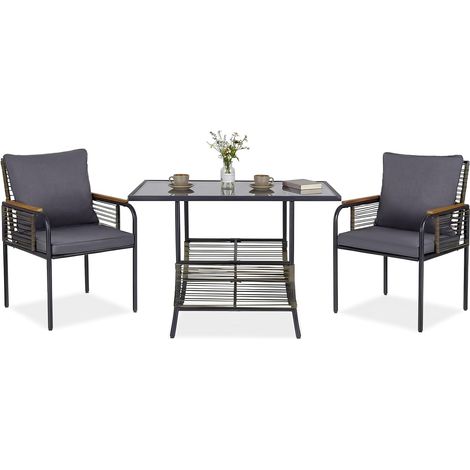 COSTWAY Set Salottino da Giardino in Vimini, Set di Mobili da 3 Pezzi per Esterno Salvaspazio con Cuscini, Tavolo Rettangolare e Sedie in Rattan per Balcone, Veranda, Giardino e Cortile (Grigio) (1/5)