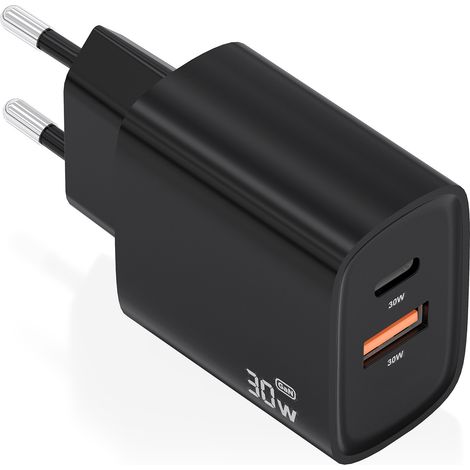 AISENS - CARGADOR GaN 30W, 1xUSB-C PD3.0 QC4.0, 1xUSB-A QC3.0, NEGRO