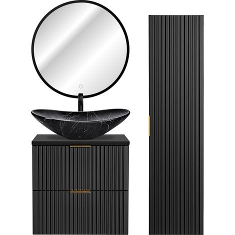 Badezimmer Möbel Set mit Hochschrank, LED Spiegel und Keramik Waschbecken, matt schwarz gerillt, ADELAIDE-56-BLACK, B/H/T ca. 110/200/46,5 cm (1/5)