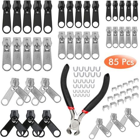 85-teiliges Ersatz-Reißverschluss-Schieber-Set, Reißverschluss-Reparaturset mit Minizange, Reißverschluss-Ersatz für Kleidung, Taschen, Jacken, Zelte und Gepäck