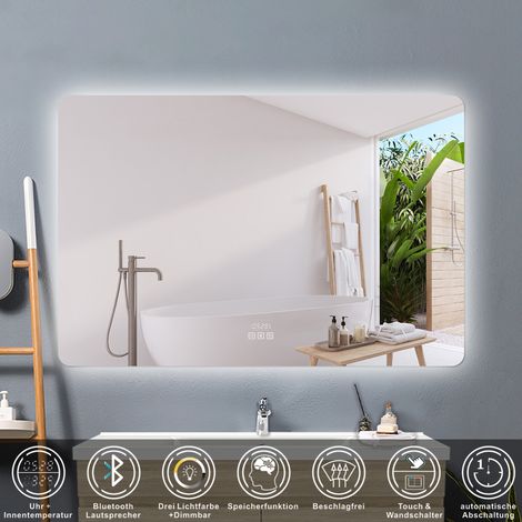 LED Wandspiegel Badspiegel Badezimmerspiegel, Drei Farben Dimmbar, Bluetooth, Uhr 120x80cm (1/5)
