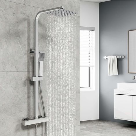 OCEAN Colonna Doccia Termostatica Sistema Doccia Cromato Elegante Set Doccia con Miscelatore Termostatico per Bagno Soffione Doccia a Pioggia Quadrato