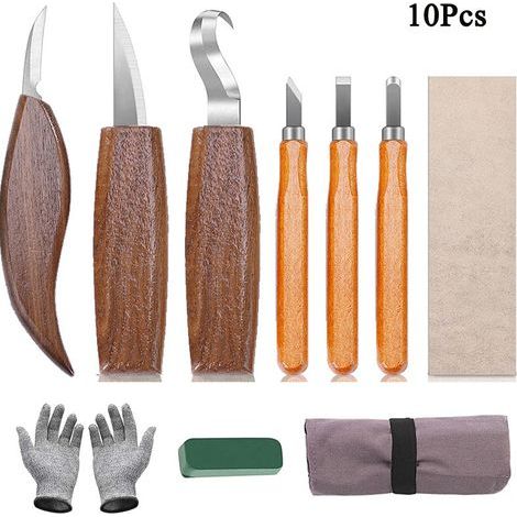 Kit d'outils de sculpture sur bois 10 en 1,comprenant un crochet de sculpture, un outil de sculpture sur bois, un outil de sculpture sur copeaux et des gants. (1/5)