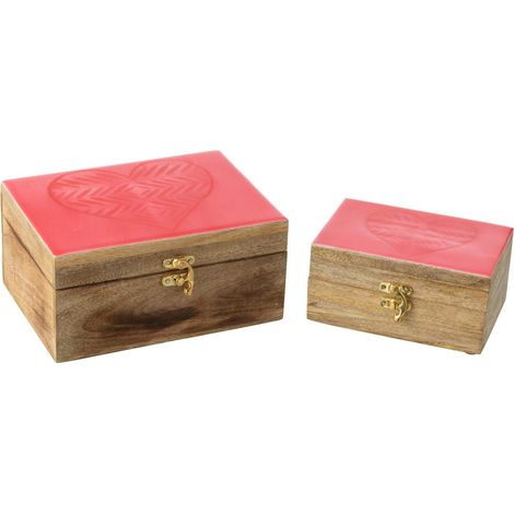 Lot de 2 Boîtes Déco en Bois "Cœur" 20cm Rose & Naturel (1/2)