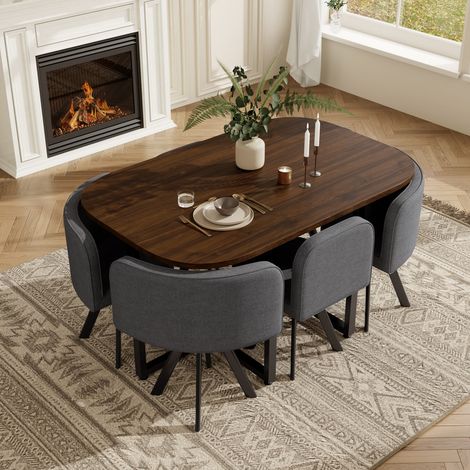 Ensemble table et chaises pour 6 personnes – Table rectangulaire 140×90 cm – 4 Chaises revêtues de lin – Plateau noyer – Pour cuisine ou salle à manger – Lot de salle à manger moderne (1/5)