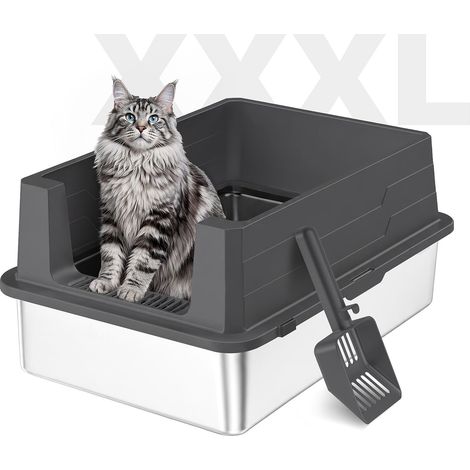 Bac Litiere pour Chat en INOX, Bac a Litiere pour Chats avec Pelle, Grande Caisse Chat Litiere XXXL à Bords Hauts Amovibles, Toilette pour Chats, Anti-Fuite, Anti-Odeurs, Facile à Nettoyer, Noir (1/5)