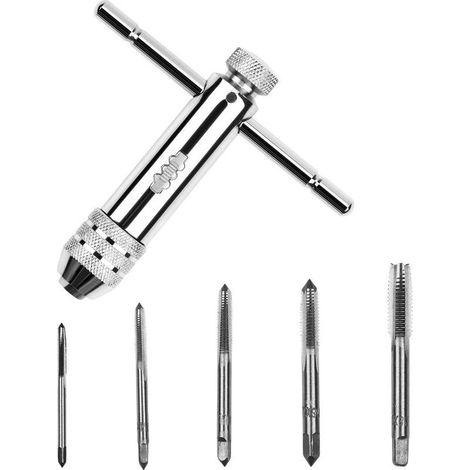 6Pcs T Barre Poignée Porte-taraud à Cliquet Clé à Taraud Réglable avec Filetage de M3-M8 Porte-Taraud Réversible à Cliquet avec 5 pcs de Tourne à Gauche Kit Outil à Main (1/5)
