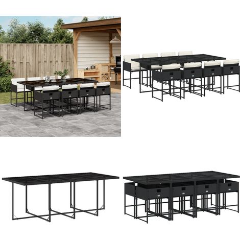Set da Pranzo da Giardino 9 pz con Cuscini Nero in Polyrattan - Sedie da giardino - Tavolo da giardino