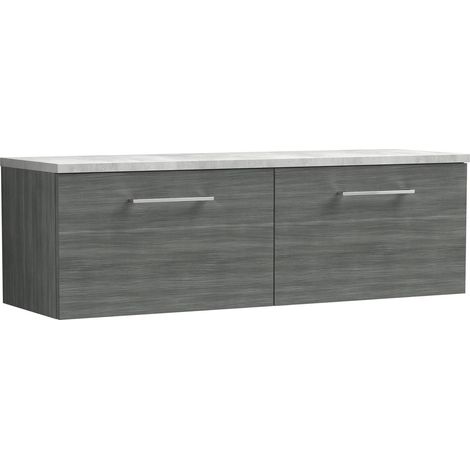 Balterley Bramshall 1200mm Wall Hung 2 Drawer Vanity Unit & Laminate Worktop for Contemporary Bathroom Storage - Anthracite Woodgrain