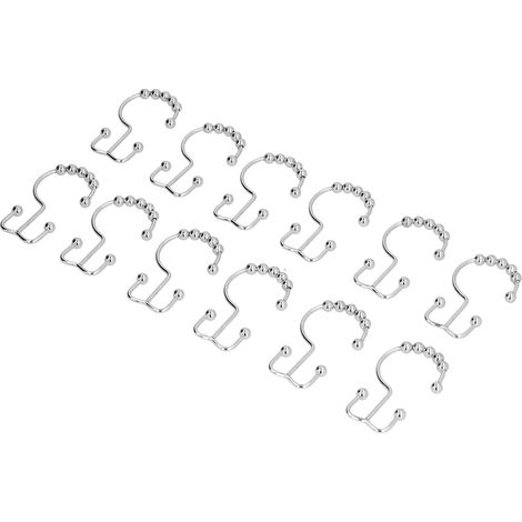 12 Edelstahl-Doppelschiebe-Duschvorhanghaken für Badezimmer, 12er-Pack, Duschvorhänge, silberfarbene Metalloberfläche (1/5)