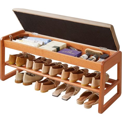 Banc à Chaussures avec Coussin, Banc de Rangement avec Assise Rembourrée, Étagère à Chaussures 100 cm avec Coussin pour Entrée, Salon, Couloir, Couleur Bois de Cerisier (1/5)
