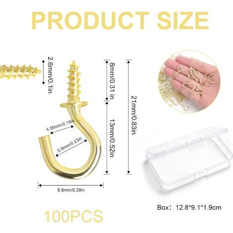 100 Pièces Petit Crochet a Visser avec Boîte Crochets à Vis Dorés 1/2 Pouce Mini Crochets à Visser Dorés Small Screw Hooks pour Suspendre les Plantes D'intérieur Art Cuisine Bureaux (1/5)
