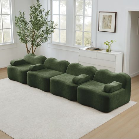 Sofá modular de 4 plazas sin marco, ondulado, espuma 32D, terciopelo verde, 384 cm (1/5)