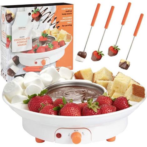Appareil à fondue au chocolat électrique - 27,5 x 27,5 x 8 cm - Comprend 4 fourchettes à fruits - Permet de faire fondre chocolat, fromage et bonbons - Fondoir à chocolat - Blanc - 260 ml (1/5)