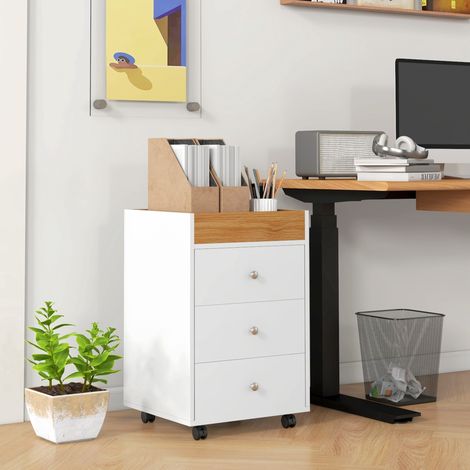 Cajonera de Oficina con 4 Ruedas 3 Cajones y 1 Bandeja Extraíble Carga 30 kg 43x40x66,5 cm Blanco y Natural (1/5)