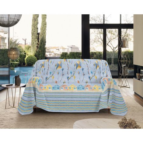 Telo Arredo Made in Italy in Cotone Grandfoulard Copritutto Copridivano Copriletto-Teli Sofà Arredatutto-Drappeggio-Arazzo-Copridivano Grand Foulard Letto Singolo - Aquiloni Azzurro
