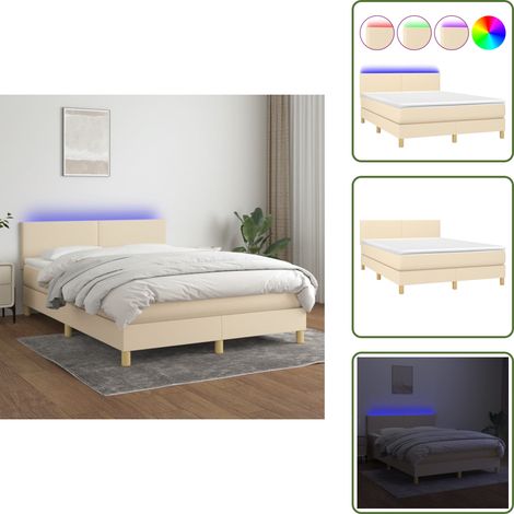Cama con cabecero ajustable - vidaXL Cama box spring colchón y luces LED tela crema 140x190 cm - Cama con tira LED