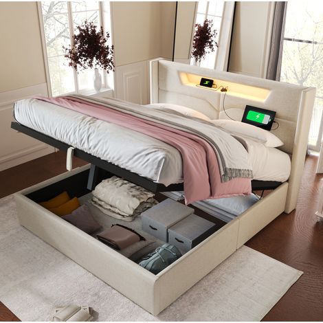 letto contenitore 160x200 LED USB testiera tessuto beige HAVRYA (1/5)