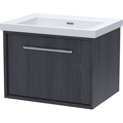 Sturbridge Contemporary 1 Drawer Wall Hung Vanity Unit with 0 Tap Hole Fireclay Basin , 600mm, Graphite Grey Woodgrain