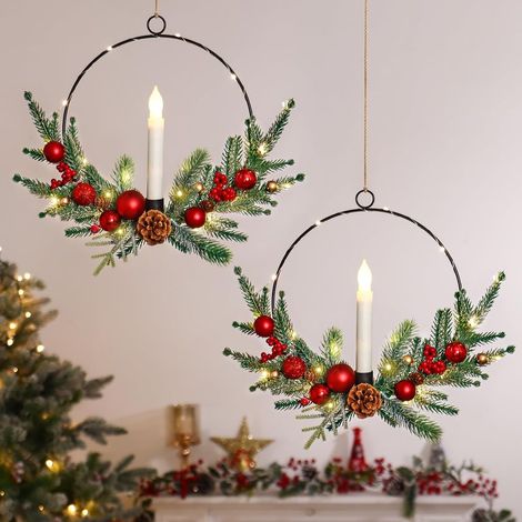 2er-Set Weihnachtskränze für die Haustür, 40 cm künstlicher Türkranz mit LED-Kerzenlichtern, Weihnachtskränze im Reifendesign, Winterkränze für Fenster, Wände und Schlafzimmer (1/5)