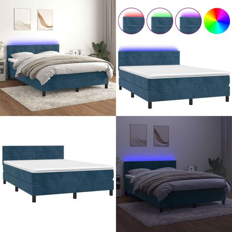 Cama box spring colchón y LED terciopelo azul oscuro 140x200 cm - Colchón LED - Terciopelo azul oscuro