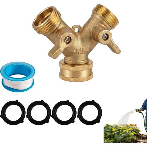 Répartiteur de Robinet en Laiton 3/4 Pouces, Y-Distributeur à 2 Voies pour Tuyaux d’Arrosage et Appareils Électroménagers, avec Arrivée d’Eau Double, Écrou-Union Rotatif (Ensemble en Or) (1/5)