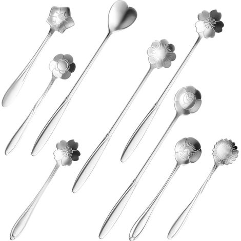 Ensemble de 9 pièces en forme de fleur comprenant une cuillère à café et une cuillère à dessert, en acier inoxydable, de jolies cuillères pouvant servir à remuer les boissons, les smoothies et les con (1/5)