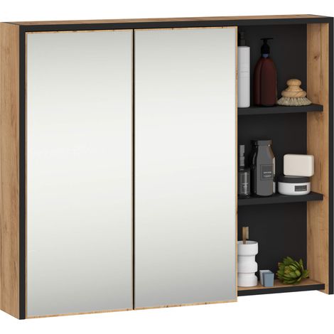 Badezimmer-Hängeschrank VAMI mit Spiegel Craft Eiche, Schwarz 90 cm 2 Türen 6 Regalböden B90xH75xT15 cm (1/5)