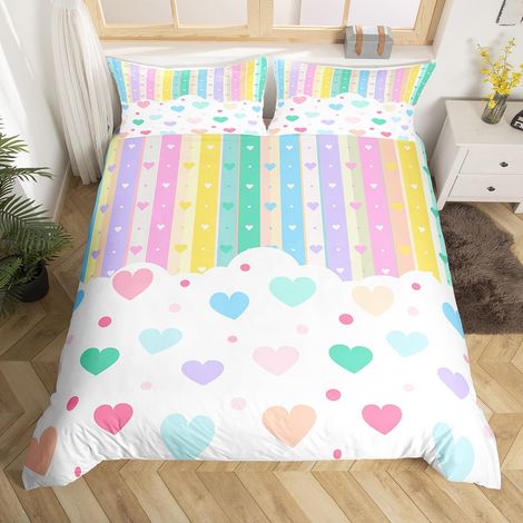 Parure de lit 2 pièces avec housse de couette de 135 x 200 cm, motif arc-en-ciel, motif de cœur, à rayures, à pois, pour enfant garçon fille (1/5)