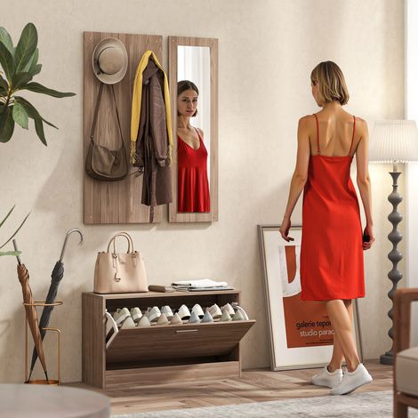 Ensemble de meubles d'entrée 3 pièces avec banc à chaussures, porte-manteau mural et miroir, garde-robe pour chambre et couloir en bois, 80 x 27 x 46,5 cm, marron foncé (1/5)