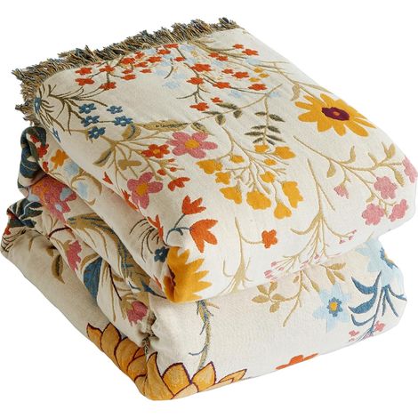 Couvre-lit bohème - 100 % coton - Avec franges - Double face - En mousseline - 230 x 275 cm - Couverture de canapé et de lit - Couverture d'été pour salon - Bleu/beige (1/5)