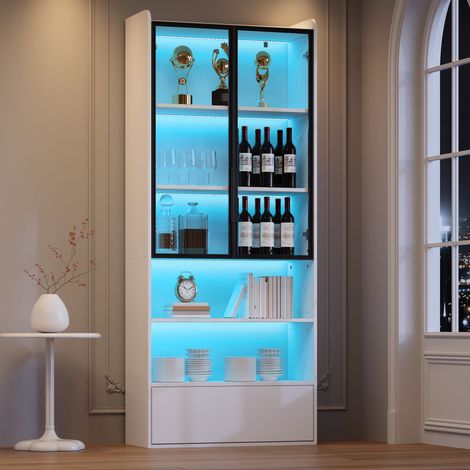 Vitrine LED 80x34x180cm en verre avec 1 tiroir Meuble de rangement salon avec éclairage LED contrôlable MDF Blanc (1/5)