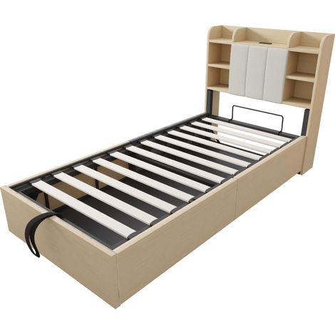CAIziLit en bois 90 x 200 cm, lit hydraulique, tête de lit avec rangement, équipé d'une prise USB et Type-C, lit simple, lit jeunesse, couleur bois (sans matelas) (1/5)