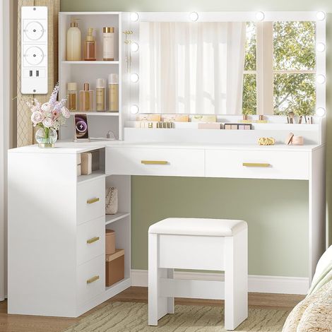 Coiffeuse enfant en L avec grand miroir 80 cm – 5 tiroirs et prises USB – Éclairage LED tricolore – Dimensions 40x120x139 cm