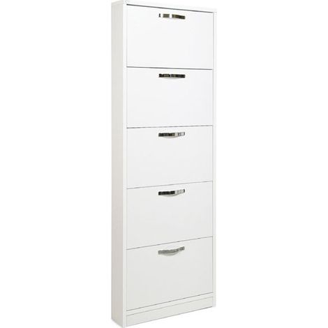 Schmaler Schuhschrank aus weißer Esche aus Melaminholz 5 Klappen 180x65x15 cm (1/4)