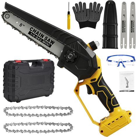Mini tronçonneuse électrique sans fil 8" pour 20V (sans batterie) 600W, tronçonneuse électrique, sans balais, avec 2 chaînes, 2 rails de guidage, gants, lunettes et coffret (1/5)
