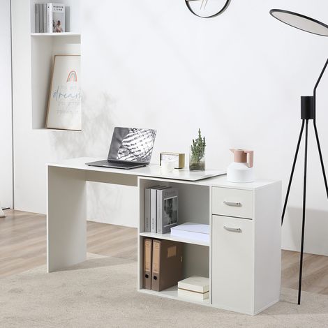 Drehbarer Eckschreibtisch (180°), Computertisch, Bücherregal, Schubladenelement, Schrank, Arbeitsplatz, 117 x 82 x 74 cm, weiß